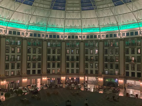 indoor view of the category 3, 100 foot tall flight area of the West Baden Springs hotel