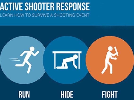 Active shooter response graphic with images of a stick figure running, hiding, and fighting