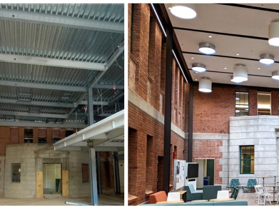 Before and after photos of the new courtyard area on the ground floor of Chemistry and the Commons