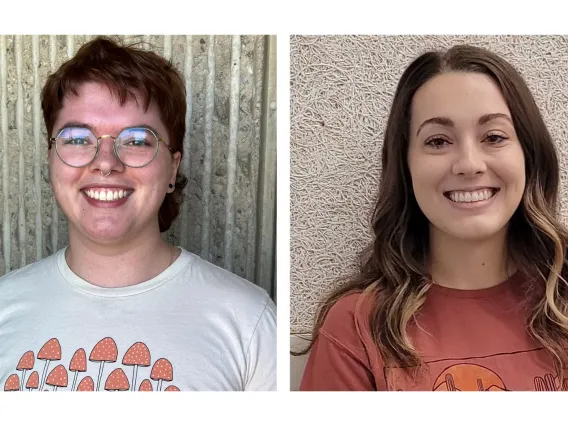 Side by side photos of Katie Martin(on the left) and Samantha Rokey(on the right). Both are smiling towards the camera wearing a white shirt and red shirt respectively.