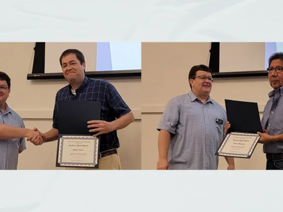 McNair Awardees Justan Klaus (left photo) and Hollis Whitewater (right photo) standing next to Craig Aspinwall