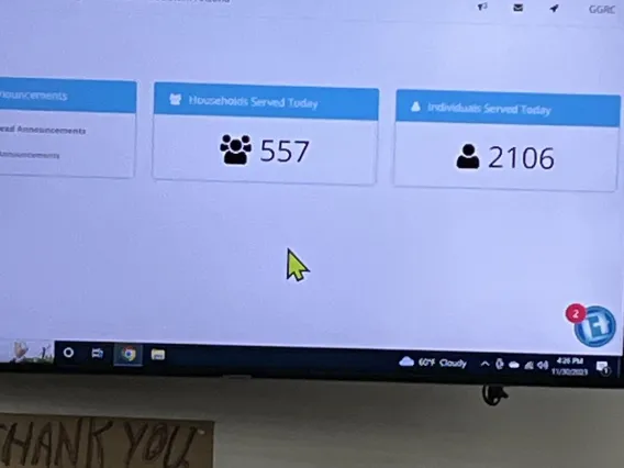 Monitor reads 557 households served today and 2106 individuals served at the Community Food Bank of Southern Arizona