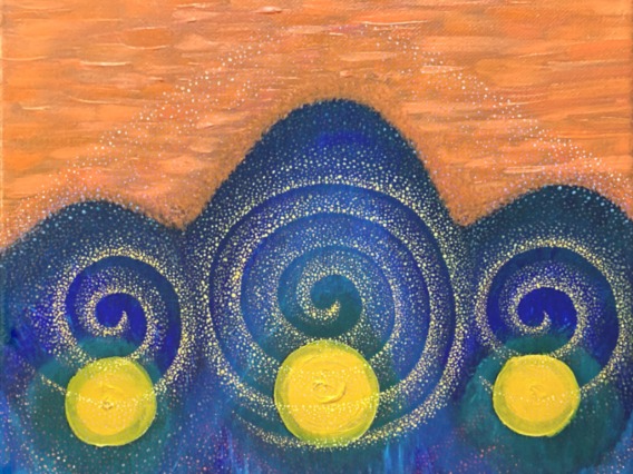 Laura Van Dorn and Andrei Sanov publication image, three blue mountains with swirls in front and yellow circles.