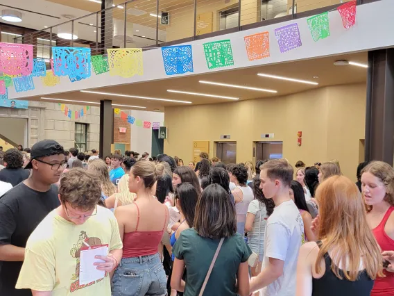 Crowd of students in the Chemistry Building Atrium