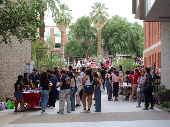 Crowd of students outside of the Chemistry Building Atrium