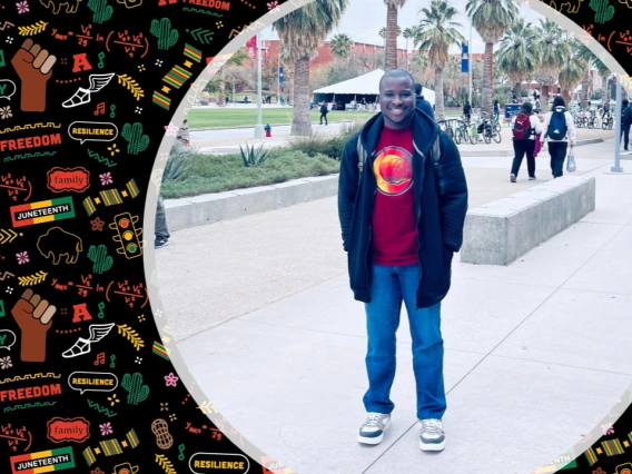 Photo of Ayobami Adegbenro with Black History Month banner behind photo