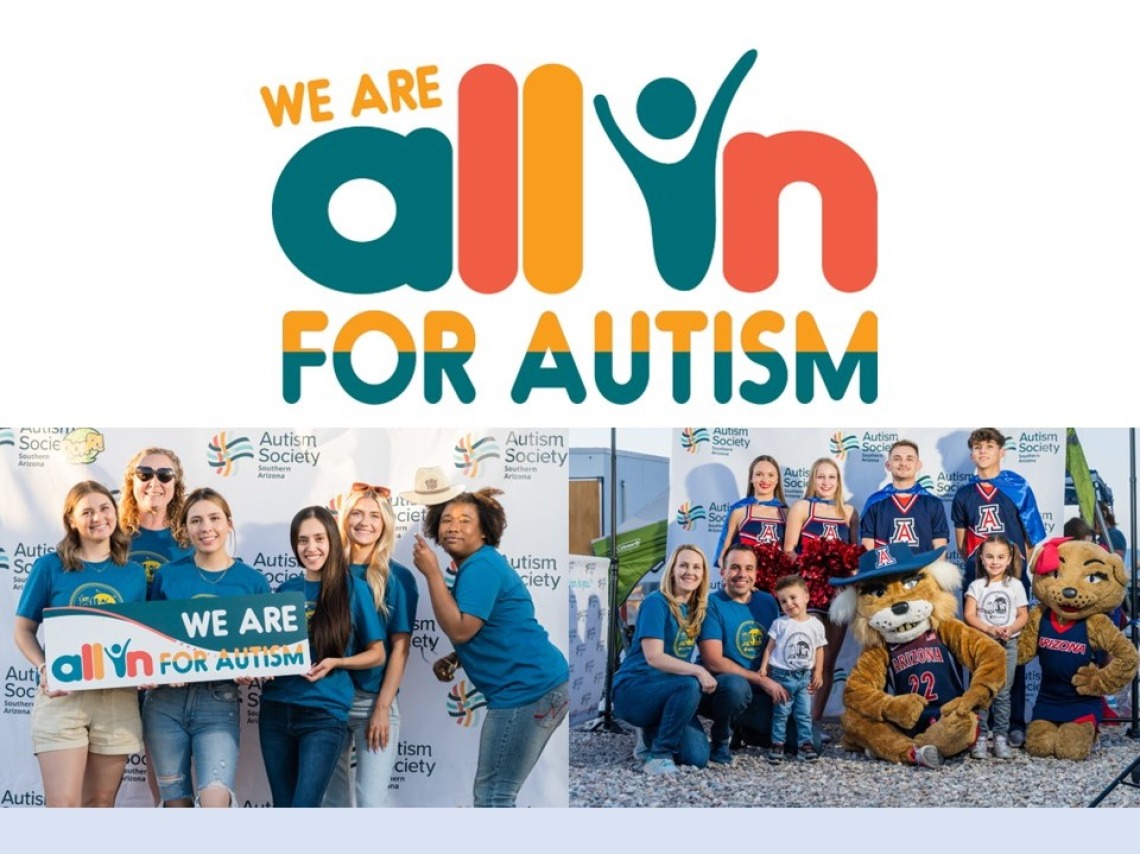 we are all in for autism large print with photos of people smiling and holding signs saying the same