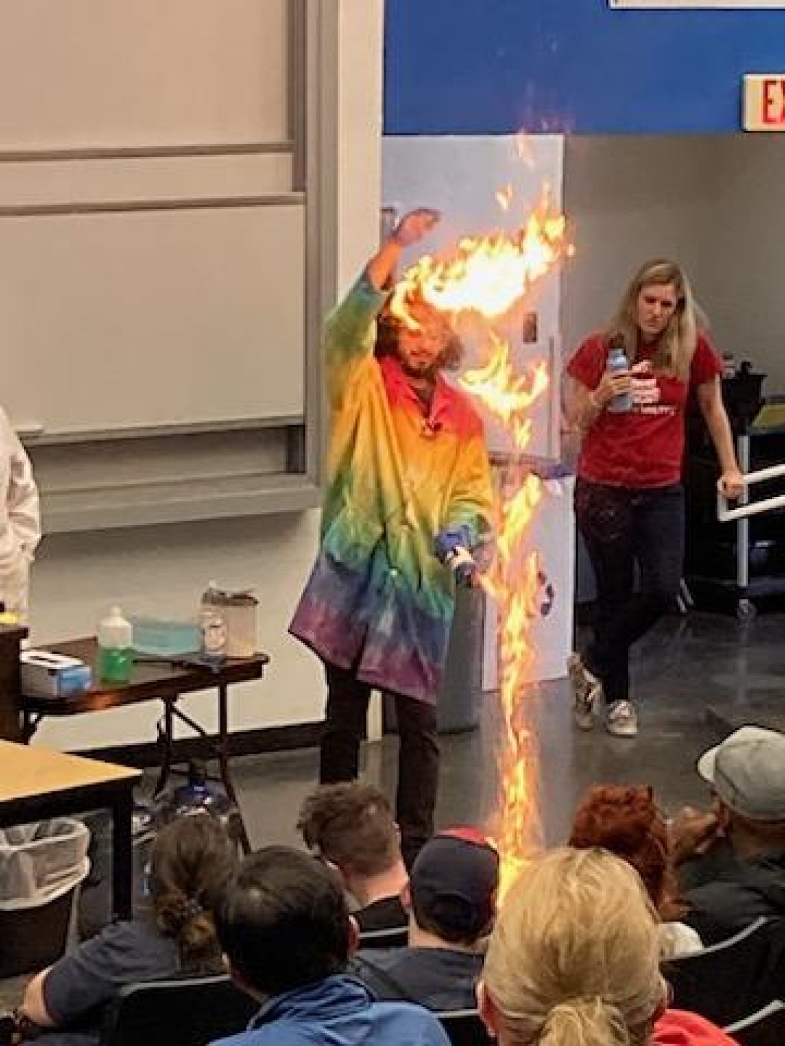 Flames jump close to 6 ft in the air during a chemistry magic show