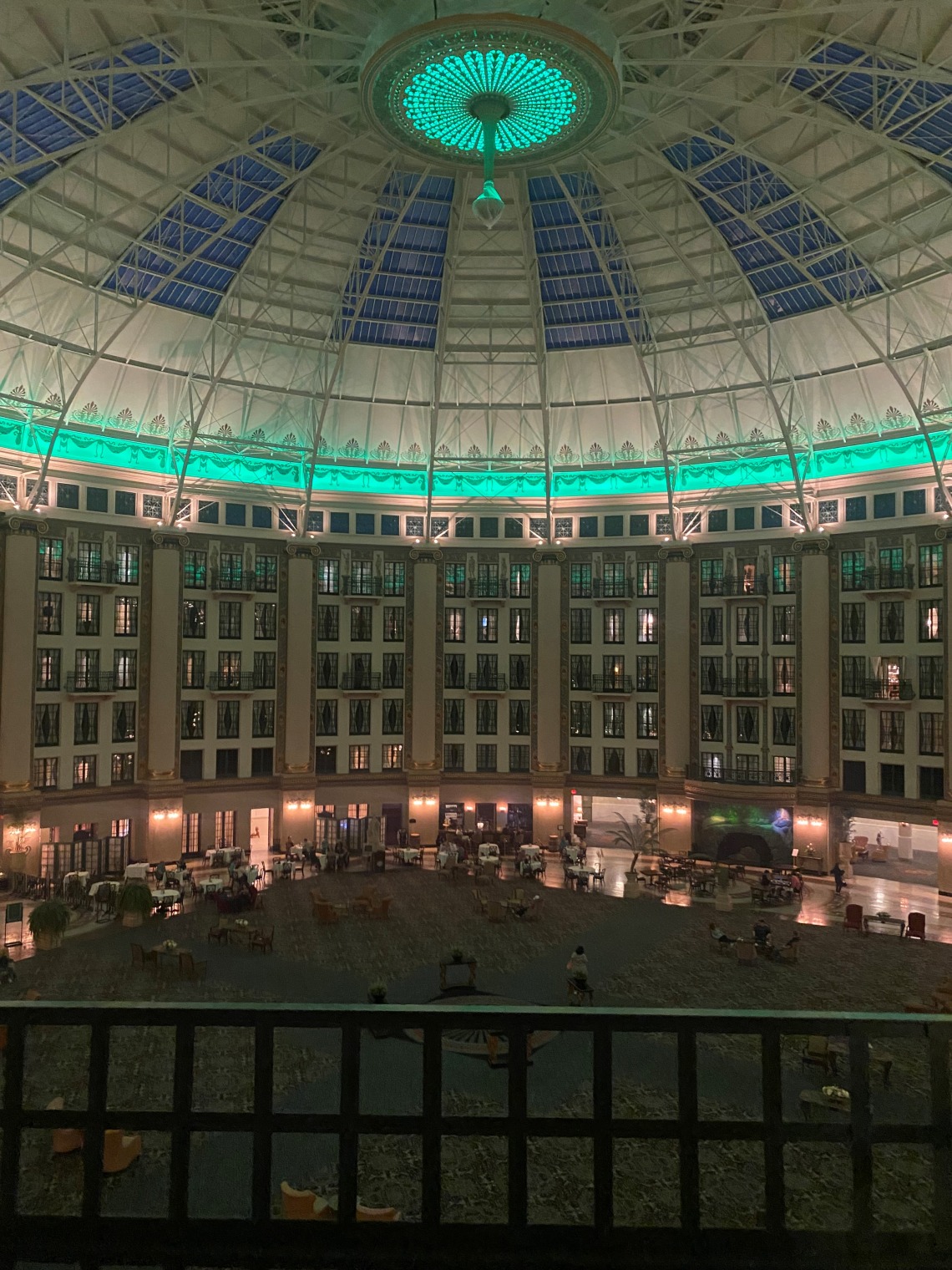 indoor view of the category 3, 100 foot tall flight area of the West Baden Springs hotel