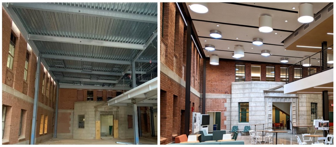 Before and after photos of the new courtyard area on the ground floor of Chemistry and the Commons
