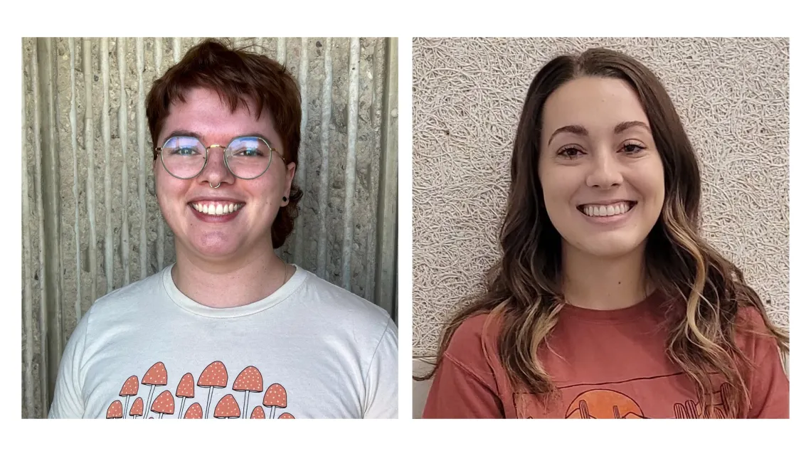 Side by side photos of Katie Martin(on the left) and Samantha Rokey(on the right). Both are smiling towards the camera wearing a white shirt and red shirt respectively.