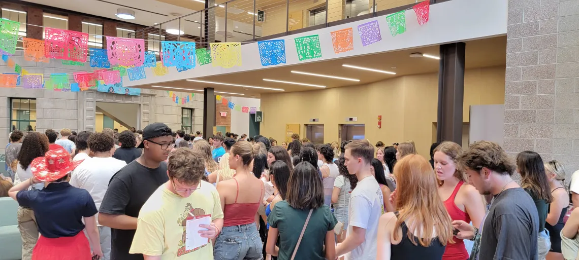 Crowd of students in the Chemistry Building Atrium