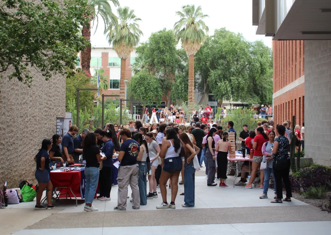 Crowd of students outside of the Chemistry Building Atrium