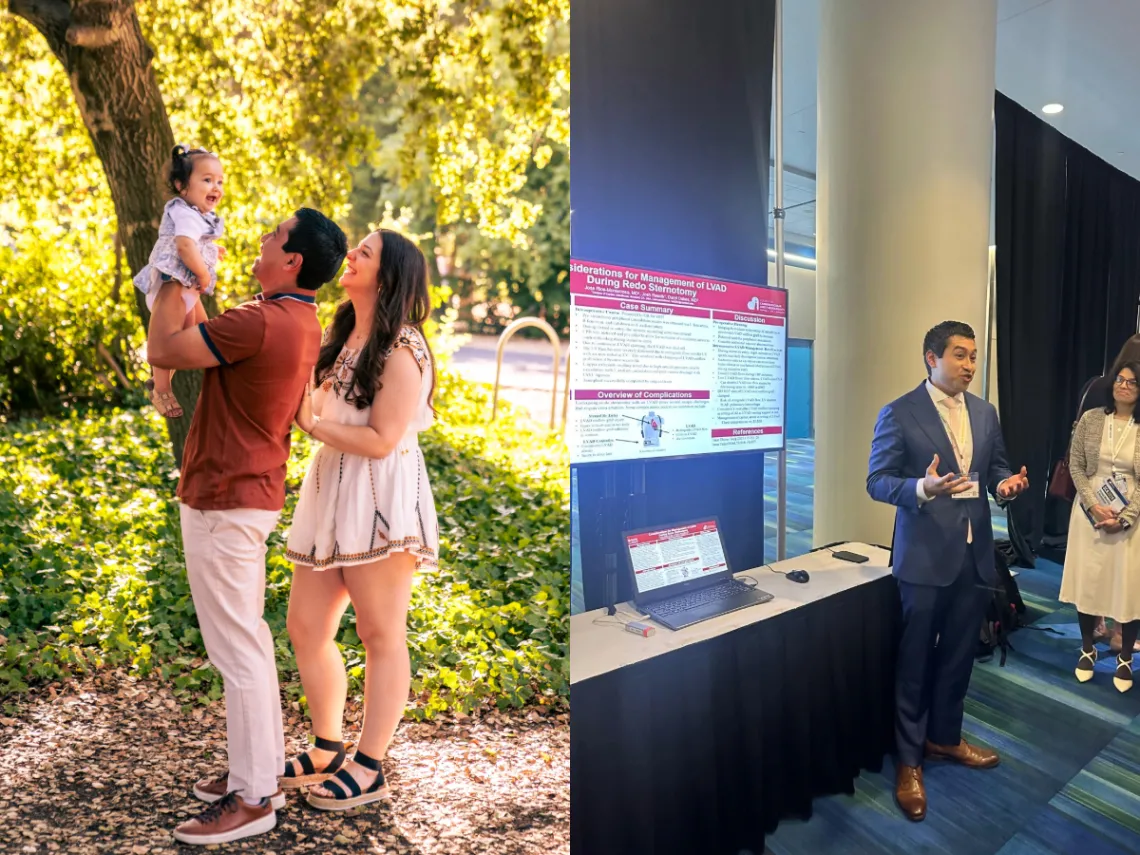 Jose Rios with his family (left) and giving a presentation (right)