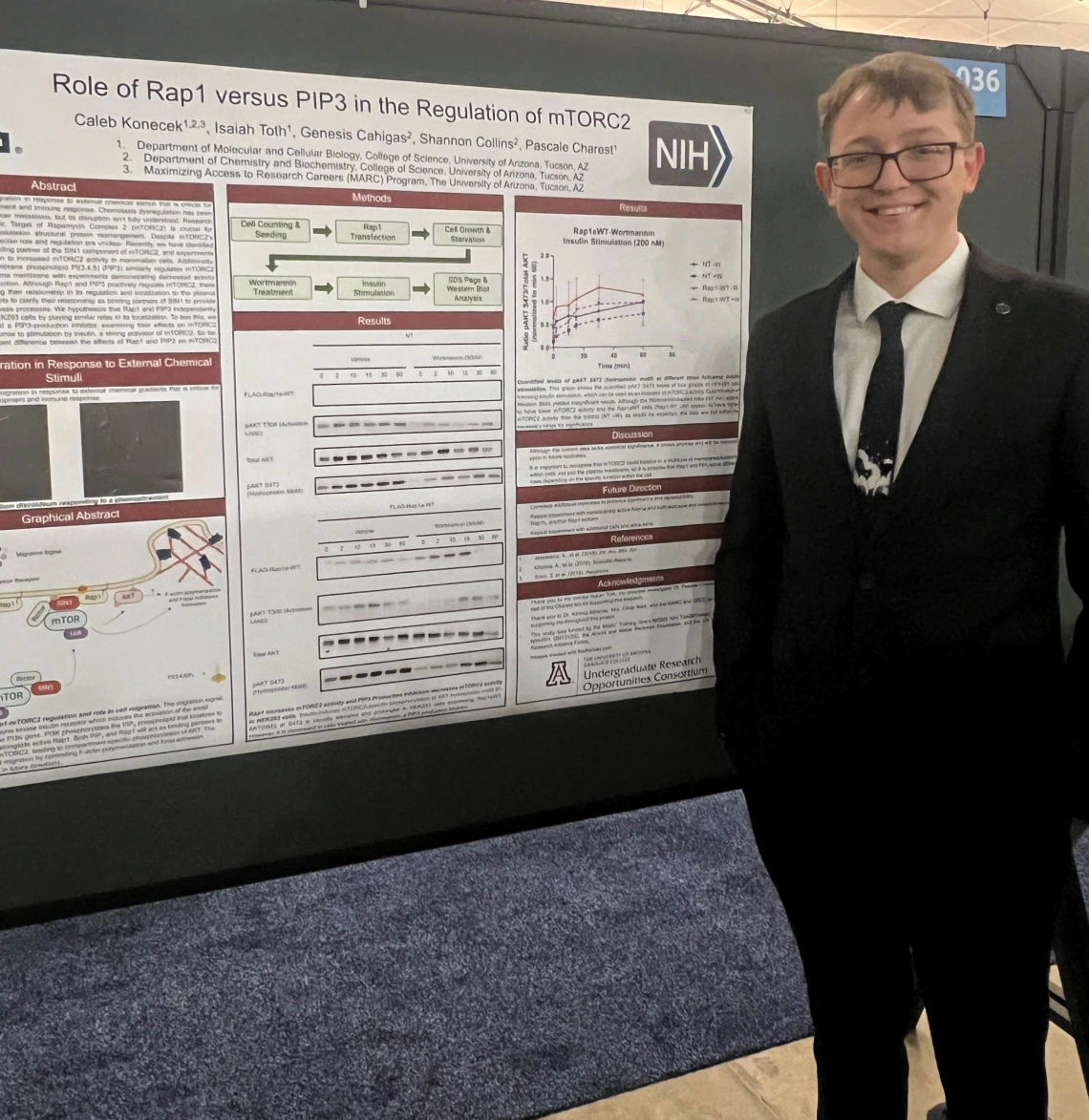 photo of Caleb Konecek and his research presentation poster at ABRCMS