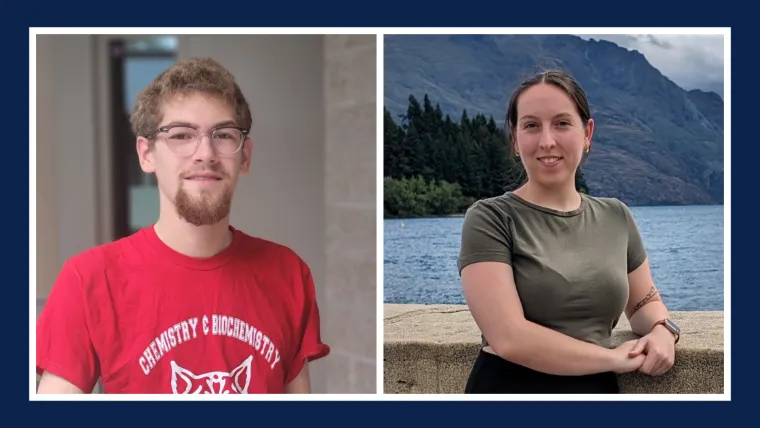 Ben Augustine on the left, wearing a red t-shirt and glasses, smiling towards the camera. Aubrey Sommer on the right, standing in front of a body of water standing and smiling towards the camera,