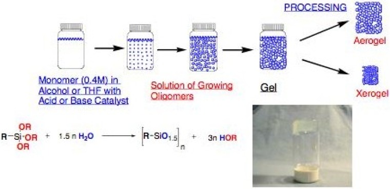 Sol-gel processing of alkoxysilanes affords gels that can be processed to afford xerogels or aerogels