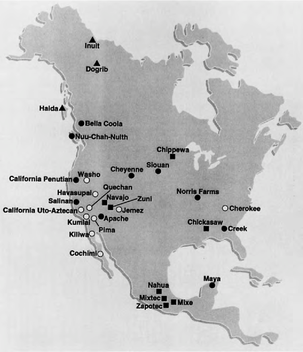Distribution of the 4 founding mtDNA haplogroups among modern Native American Populations