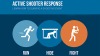 Active shooter response graphic with images of a stick figure running, hiding, and fighting