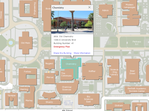 Map showing Chemistry and the Commons Building